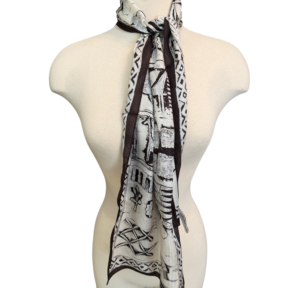 Jones New York Silk Scarf Brown Cream Giraffe Woodblock Print Ribbed 10x52